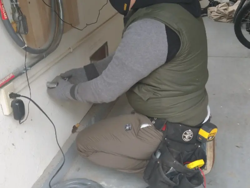 Electrician performing outlet wiring in a Hancock garage